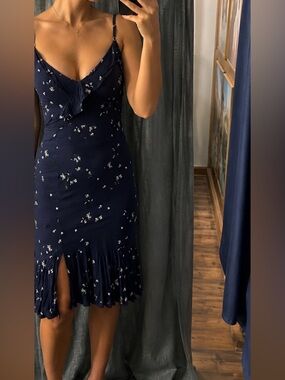 Navy Floral Ruffle Hem Midi Skirt